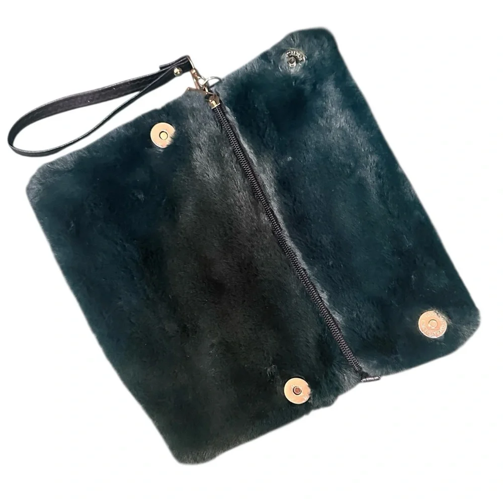Faux Fur Purse Wristlet Deep Forest Green with Crossbody potential. EUC